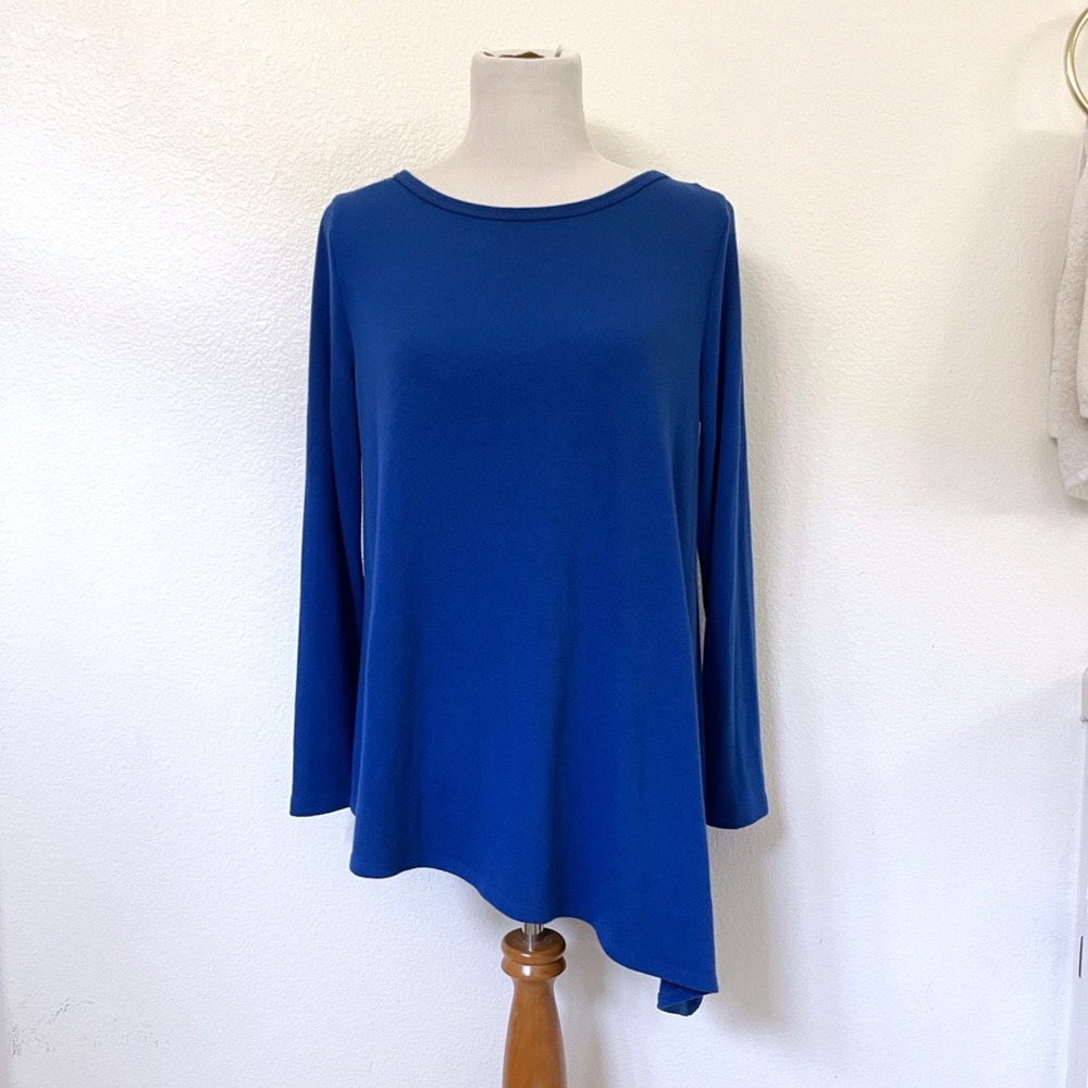 Brushed Knit Asymmetric Hem Longsleeve Tunic Top | Karen Kane | 1X, Cobalt